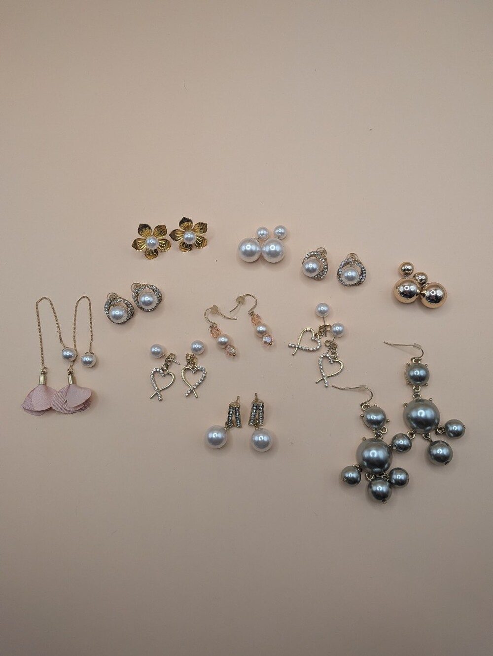 Huge Lot Of 11 Faux Pearl Earrings Mix Of Stud And Dangle Statement Rhinestones